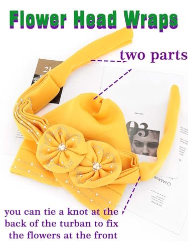 Woeoe Beanie Cap Head Wrap Black Rhinestones Head Scarf Flower Pearls Twisted Head Turban for Women Girls - color: Yellow