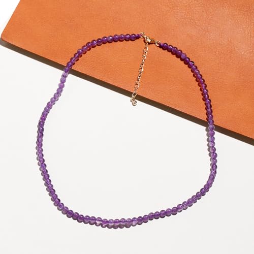 Simple Choker Necklace for Women Real Stone and Crystals Necklaces 4mm Beaded Choker Jewelry Meditation Gift for Women (16"+2") - style: Amethyst