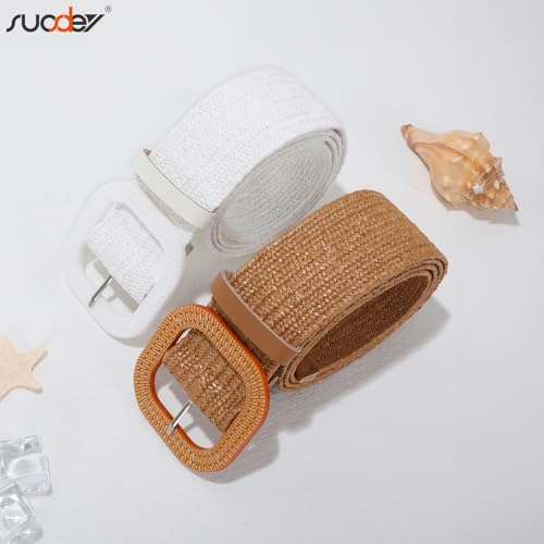 SUOSDEY 2 Pack Straw Woven Elastic Belt Braided Stretch Wide Boho Rattan Waist Belt for Women Dresses - color: 08-brown+white, size: Fit Waist up to 35''