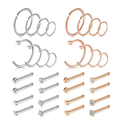 Mayhoop 20g Nose Rings Hoops And Studs For Women Men - Hypoallergenic 316L Surgical Stainless Steel L Shape Nose Screw Bone Silver Rose Gold Black Rainbow Pack 28Pcs - color: Nose Bone(Silver+Rose gold)