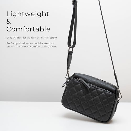 Alldaily Small Triple Zip Crossbody Purse for Women, Vegan Leather Phone Bag with Wide Shoulder Strap - color: Quilted Black