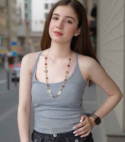 Long Gold Necklaces for Women Dainty Natural Stone Beaded Gold Necklace Mothers Day Gifts Boho Gold Costume Jewelry for Women - color: Brown
