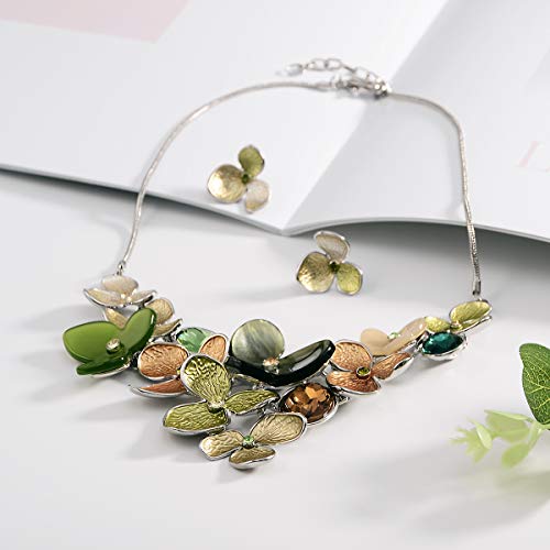 AMYJANE Vintage Statement Jewelry Set - Spring Leaf Flower Floral Plant Necklace Earring Set Crystal Rhinestone Fashion Costume Jewelry for Women Prom Party Unique Gift - style: meilian flower jewelry set green
