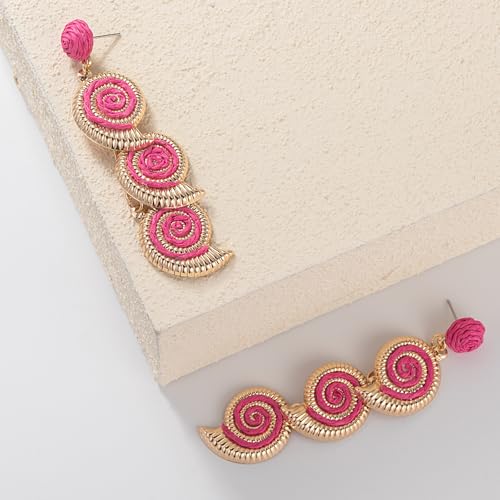 Boho Raffia Earrings Starfish Shell Seashell Dangle Drop Earrings Cute Statemnet Trendy Jewelry Summer Beach Outfits for Women - color: Hot Pink, size: Seashell