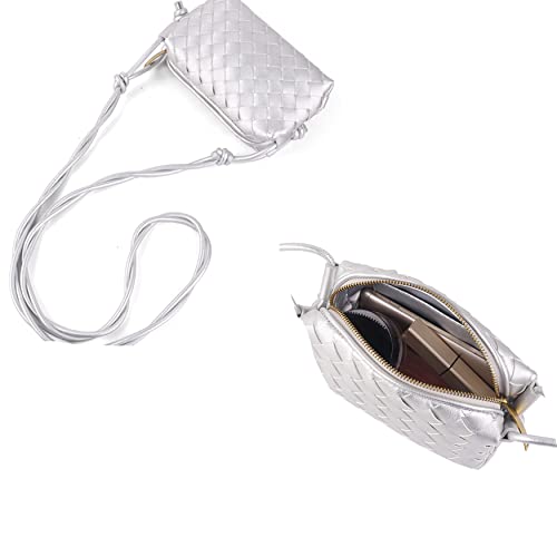 ZEDIUH Woven Bag for Women Crossbody Shoulderbag, Small Vegan Leather Purse - color: Silver