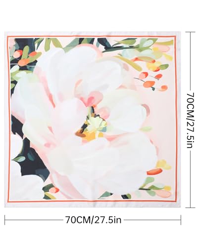 AWAYTR 27.5” Square Satin Head Scarf Hair Scarf for Women's Hair Silk Bandana for Women Silk Head Wrap for Sleeping - color: Flowers (Light Pink + White)