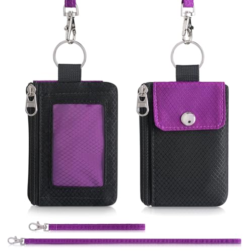 Artpaxy Minimalist Wallet For Mens Womens, Keychain RFID Blocking Zipper Small Wallet with ID Window 2 Lanyards,Water Resistant Travel Cash Card Coin Case Boys Girls - color: Purple Black, style: Casual