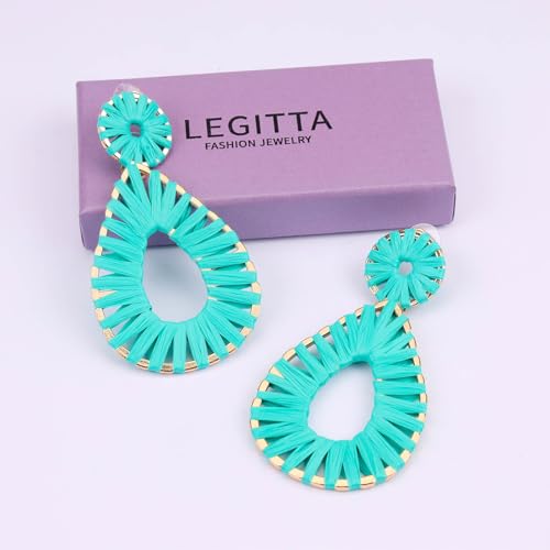 Raffia Teardrop Dangle Earrings Handmad Statement Drop Earrings - color: Turquoise