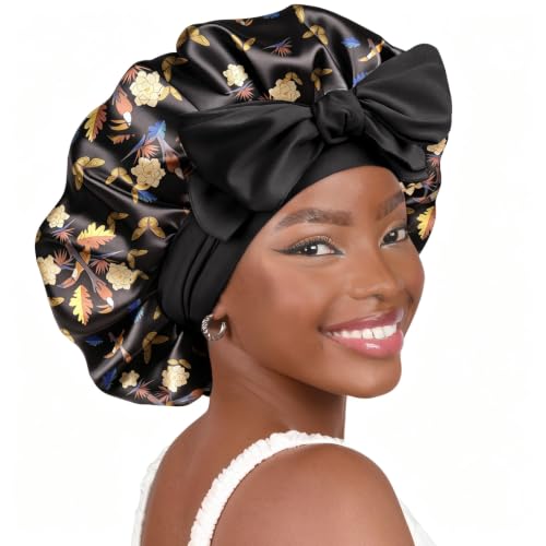YANIBEST Adjustable Satin Bonnet for Sleeping Women Double Layer Hair Wrap Reduce Friction Prevent Frizz Natural Curly Hair - color: Toucan