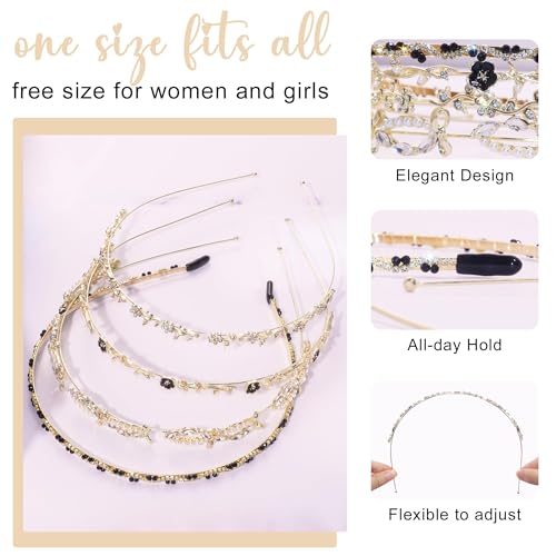 4 Pcs Dainty Gold Headbands for Women, Thin Rhinestone Floral Hairbands, Sparkly Crystal Pearl Bow Hair Hoops, Fairycore Bridal Wedding Hair Accessories, Black & Gold - color: Floralbow