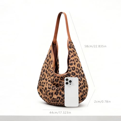 ENBEI Leopard Print Tote Bag for Women Leather Strap Shoulder Tote, Soft Faux Suede Large Tote with Button, Foldable Fashion hobo bag for Travel, Work & Daily Use | Leather Strap