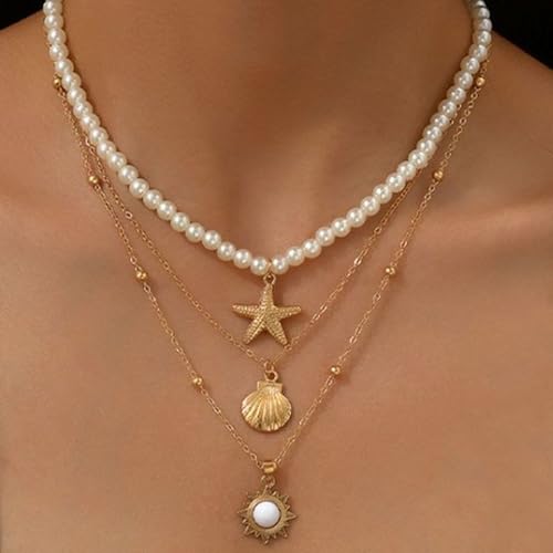 Shell Starfish Necklace for Women Pearl Beach Boho Layered Necklace Charm Accessories Summer Vacation Outfit 2026 - color: B9:starfish shell charm necklace