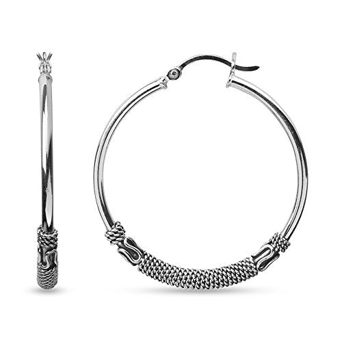 LeCalla 925 Sterling Silver Large Hoop Earrings | Lightweight Antique Bali Hoops | Two-Tone Bohemian Oxidized Balinese Earrings for Women - color: Beaded Balinese-35mm