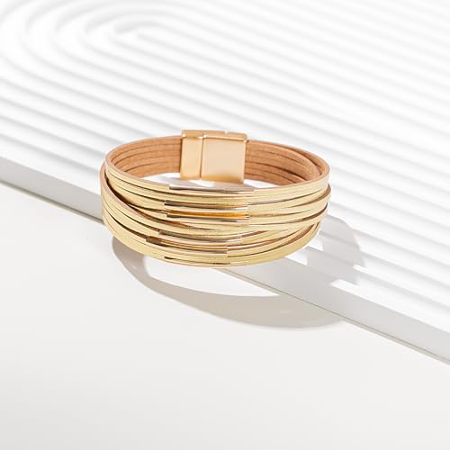 FANCY SHINY Boho Leather Bangle Bracelets Stackable Noodle Tube Bracelets Layered Wrap Cuff Bracelets with Magnetic Clasp - color: Gold