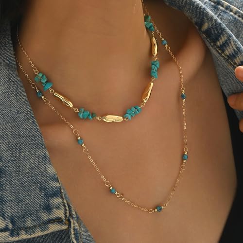 Layered Boho Necklaces for Women Vintage Adjustable Irregular Turquoise Splicing Choker Necklace Exquisite Long Gold Beaded Chain Country Necklace Western Jewelry for Women