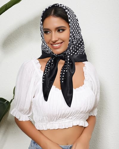 AWAYTR 35” Satin Head Scarf for Women Like Silk Scarf for Hair Scarf Satin Hair Bandana Women Headscarf Hair Wrap Scarf Neck - color: Polka Dots - Black