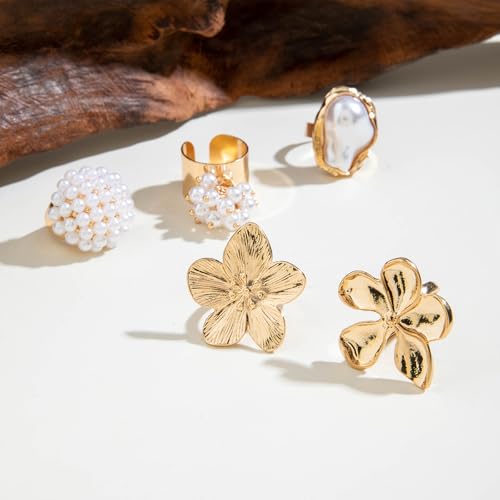Chunky Gold Rings for Women Non Tarnish Statement Flower Ring Baroque Pearl Stackable Rings Set 6Pcs Chunky Jewelry - color: Gold 6