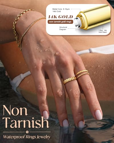 Silver Gold Rings for Women Non Tarnish 14K Gold Plated Stackable Rings for Women Stacking Thumb Pinky Eternity Cubic Zirconia Engagement Wedding Band Ring Set Woman Jewelry 1.5mm 2.5mm 5mm - color: E-Gold Twist Rings