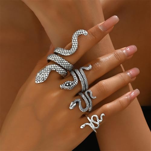 4Pcs Vintage Snake Knuckle Rings for Women,Retro Cool Snake Rings Boho Stackable Midi Cuff Rings Adjustable Animal Ring Set Fashion