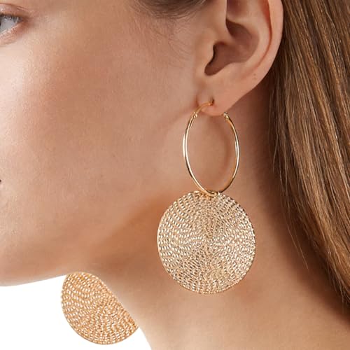 Boho Large Hoop Earrings for Women Oversized Chunky Coin Dangle Earring Hammered Big Disc Loop Earrings Trendy Party Jewelry Accessories Gifts - color: Gold