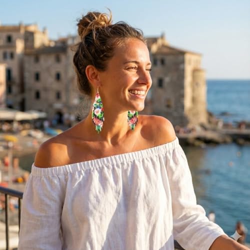 Bohemian Beaded Long Tassel Dangle Earrings for Women, Handmade Jewelry White Tarnish Resistant Lightweight Design, Stylish Accessory for Beach Vacation Party and Gift - color: colors-1