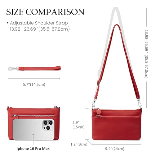 befen Genuine Leather Wristlet Clutch Wallet Purses with RFID Blocking, Small Crossbody Bags Shoulder Handbag for Women - color: Fire-engine Red