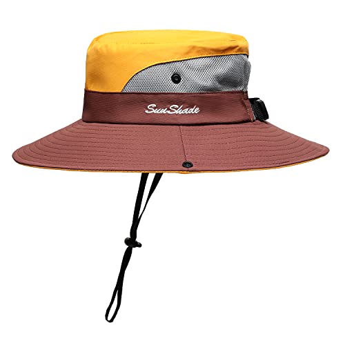 Womens Summer Sun Hat Beach Hat Wide Brim Outdoor UV Protection Hat Foldable Cool Mesh Ponytail Bucket Hat - color: Yellow-brown