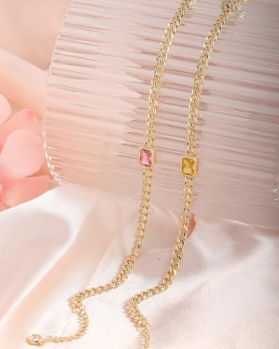 Birthstone Gold Bracelets for Women Non Tarnish Trendy 14k Gold Plated Bracelet Dainty Charm Emerald Bracelets Stack Cuban Link Friendship Bracelets Jewelry Gifts for Birthday/Valentine's Day - color: 10. October(Tourmaline)