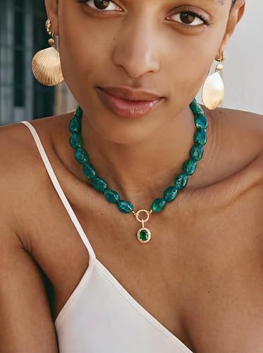 Multicolor Irregular Beaded Necklace for Women Chunky Resin Oval Bead Choker with Cubic Zirconia Pendant Summer Beach Mothers Day Gifts - color: XL23350B
