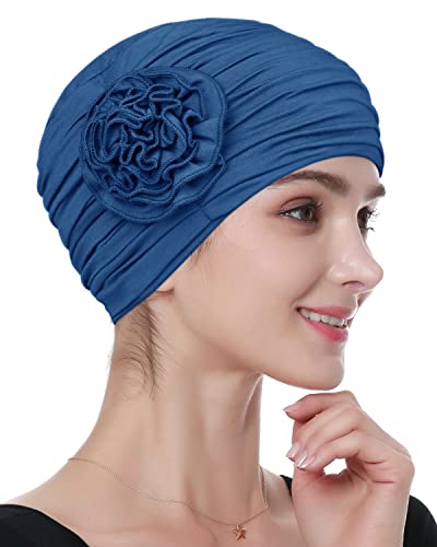 Alnorm Flower Design Chemo Hair Loss Caps Cancer Headwear for Women - color: Blue