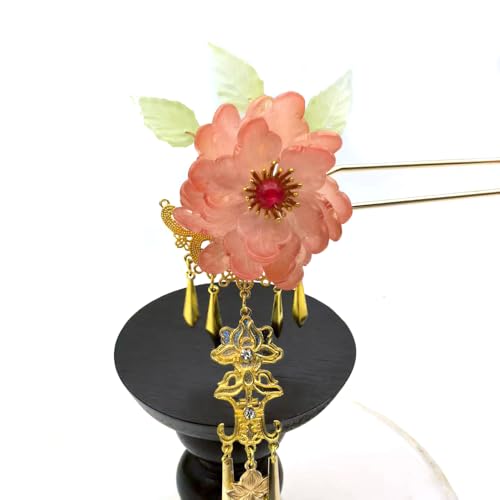 Pink Peony Resin Hairpin with Elegant Tassel - Chinese Hanfu Vintage Floral Hair Stick for Women, Romantic Hair Accessory (Pink Peony) - color: Pink Peony