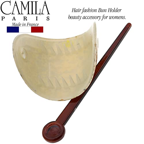 Camila Paris CP3342 French Hair Bun Holder Cover Cap Hair Updo, Camouflage, Hair Pin Thru, Strong Hold Grip Hair Clips for Women, No Slip and Durable Styling Girls Hair Accessories, Made in France - color: Camouflage