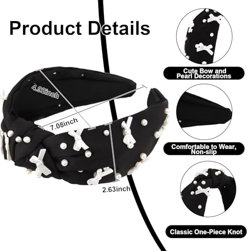 Black Headband Bow Pearl Knotted Headbands for Women Girls Cute Fashion Wide Headbands for Women Non Slip Hairbands Head Bands for Women's Hair Bow Hair Accessories - color: Black-02
