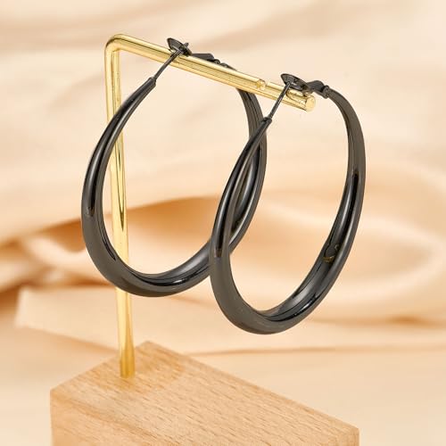 EXGOX Sterling Silver Hoop Earrings - Hypoallergenic, Lightweight, Chunky, 14K Real Gold Plated, Big Large Hoops for Women - color: Chunky&Black hoop 50mm