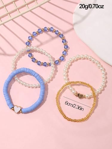 Caiyao Bohemia Multilayer Heart Imitation Pearl Beaded Stackable Bracelets Set Colorful Surfer Heishi Clay Gold Beads Stretch Bracelets for Women Men Summer Beach Boho Vacation Jewelry Gifts - color: Blue
