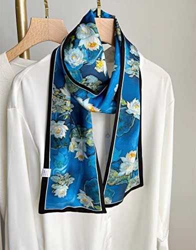 ANDANTINO 100% Silk Scarf for Women 59”*6.3” Long Shawls for Headscarf and Neck- Oblong Hair Wraps with Gift Packed - color: Water Lilies
