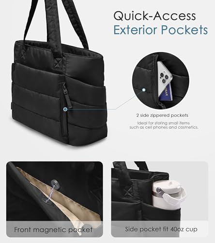 Tote Bag for Women with Zipper, Quilted Puffer Tote Bag with Compartments, Lightweight Puffy Work Bags for Women Travel - color: Black
