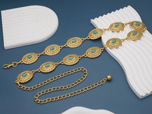 Women Western Chain Belt Adjustable Turquoise Metal Waist Chain Boho Chain Link Belt for Jeans or Dresses - color: Turquoise Gold, size: L: 53.1 in/135 cm