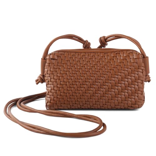 Woven Crossbody Bags for Women Handwoven Purses Vegan Leather Small Handbag Handmade Shoulderbag | Lightweight - color: Brown