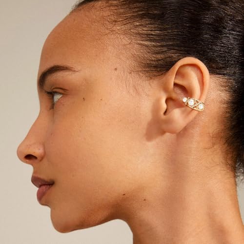MEVECCO Ear Cuff Non Piercing for Women 18K Gold Plated Dainty Ear Cuff Earring Stacks Cartilage Clip On Wrap Huggie Minimalist Fake Piercings Open Hoops Jewelry Gifts - style: pearl