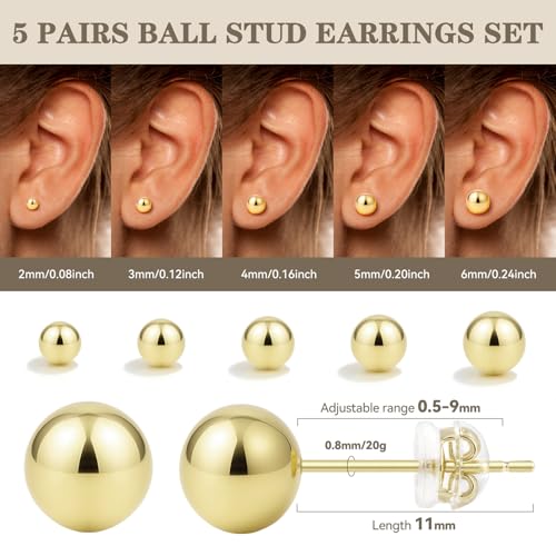 Sterling Silver Earrings for Women: Hypoallergenic 925 Sterling Silver Round Ball Stud Earrings for Women Multiple Piercing 5 Pairs Tiny Stud Earrings 2mm 3mm 4mm 5mm 6mm - style: Gold stud earrings