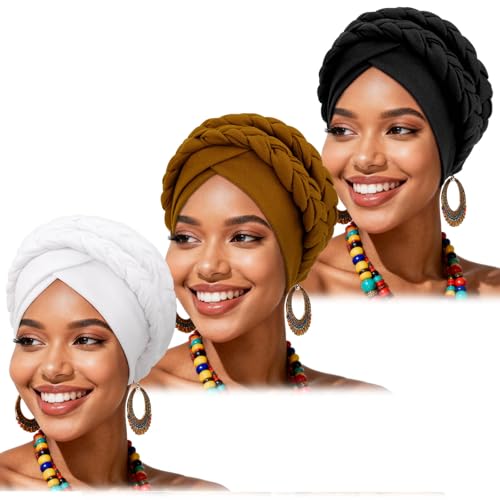 African Women Turban Caps Beanie Pre-Tied Twisted Braids Headwraps for Women Head Scarf Chemo Cancer Headwear Cap - color: 3 Pack Twisted Braid: White/Brown/Black