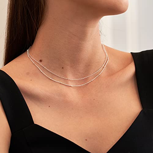 CHESKY 14k Gold Plated/Silver Plated Dainty Necklace for Women, Trendy Satellite Choker Necklace Thin Beaded Layered Choker Necklaces Discs Paperclip Chain Necklaces Womens Simple Jewelry - style: Layered Satellite-Silver