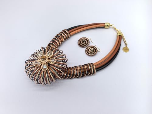 Statement African Necklace For Women African Jewelry Costume Earring Sets Tribal Fashion Colorful Big Rhinestone Crystal Pendent Collar Choker Bold Chunky Bib Handmade - color: Flower Brown