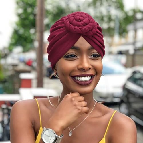 DRESHOW 5 Pack Knotted Headwraps for Women African Turban Pre-Knotted Beanie Headwraps Hair Covers - color: 5 Pcs Donut Flower: Red, Beige, Black, Brown, Light Gray