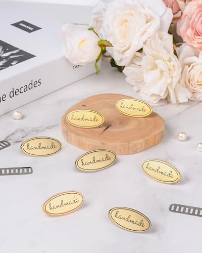 12PCS Handmade Tags, Alloy Handmade Labels with Shims Colorful Alloy Hand Made Signs Oval Knitting Sewing Labels for Bags, Hats, Clothing, Handmade Items, Crochet Supplies (Gold)