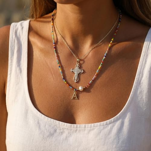 Colorful Pearl Beaded Initial Choker Necklaces for Women, Boho Handmade Personalized Seed Beads Letter Name Necklace Beach Surfer Bohemian Jewelry Gift - color: Cross A