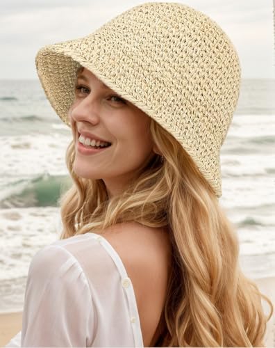 Womens Floppy Straw Sun Hat Packable Wide Brim Summer Beach Hat Foldable Crochet Bucket Hats - color: Begie 2