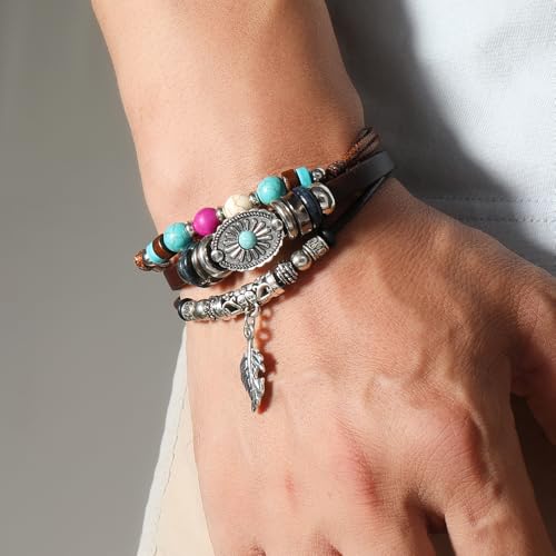 Turquoise Leather Western Bracelets for Women Men Bohemian Retro Turquoise Wrap Bracelets Exquisite Layered Stacked Cowboy Cowgirl Bracelet Western Country Concert Outfits Leather Cuff Bracelet for Women - style: Feather,Turquoise