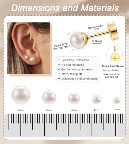 20G Hypoallergenic Surgical Steel Square Pearl Ball CZ Flat Back Stud Earrings for Sensitive Ear, Lightweight Shiny Earrings Studs for Helix Tragus Cartilage Multiple Piercing - color: Gold-F